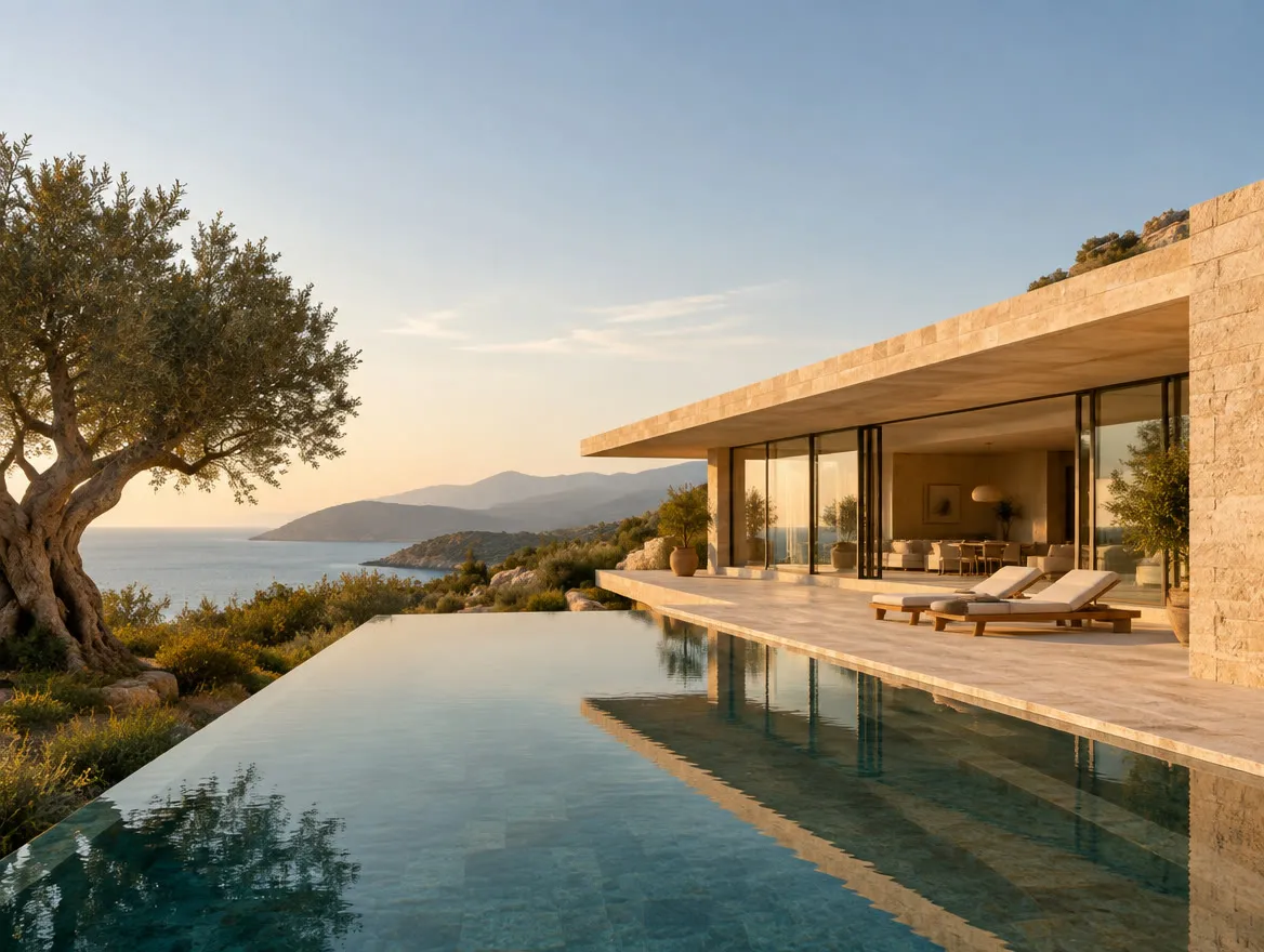 Villa mediterránea contemporánea de piedra con piscina infinita y olivo — imagen conceptual, no obra ejecutada por JEF Projects