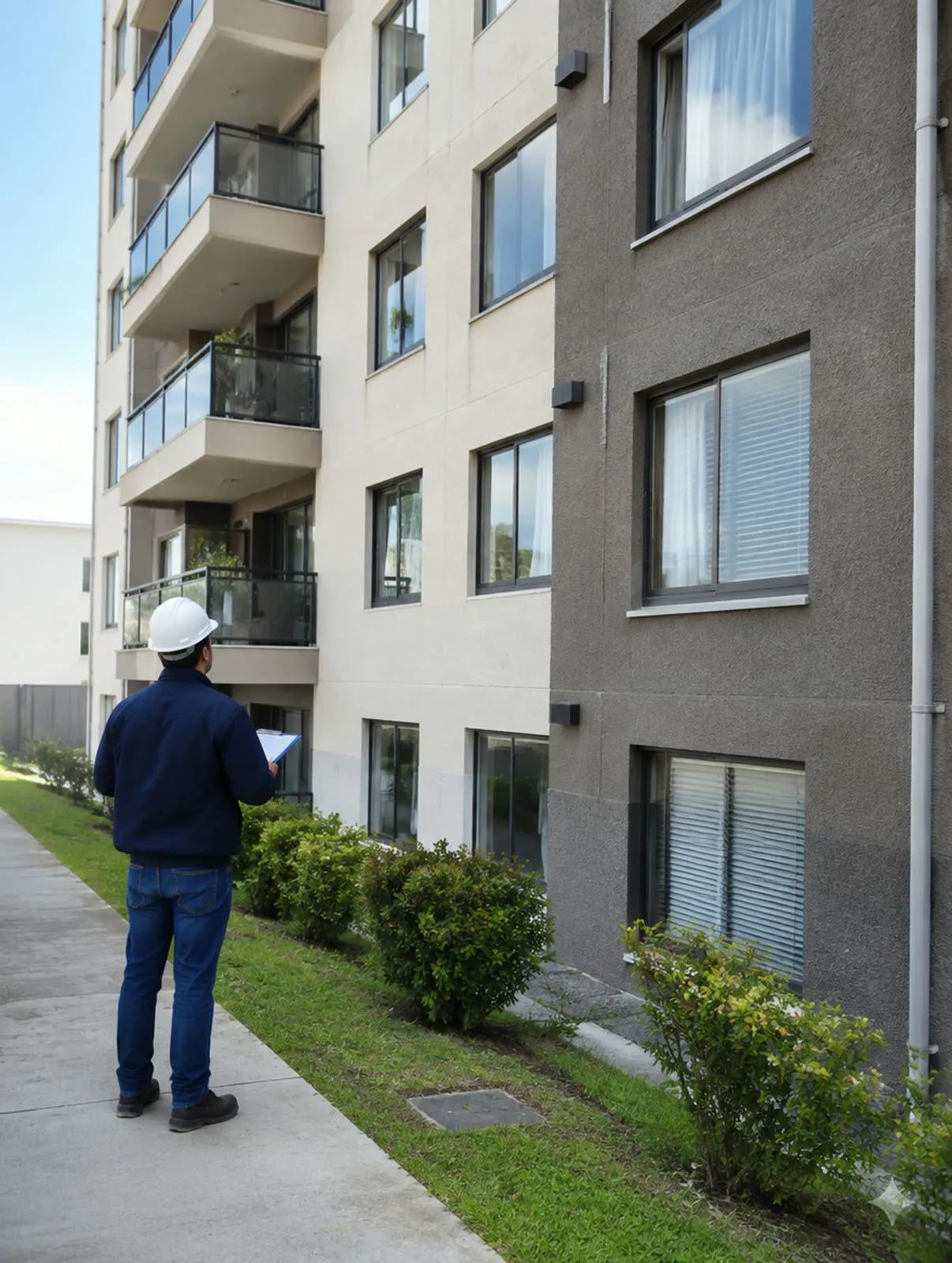 Fachada de edificio residencial siendo inspeccionada técnicamente