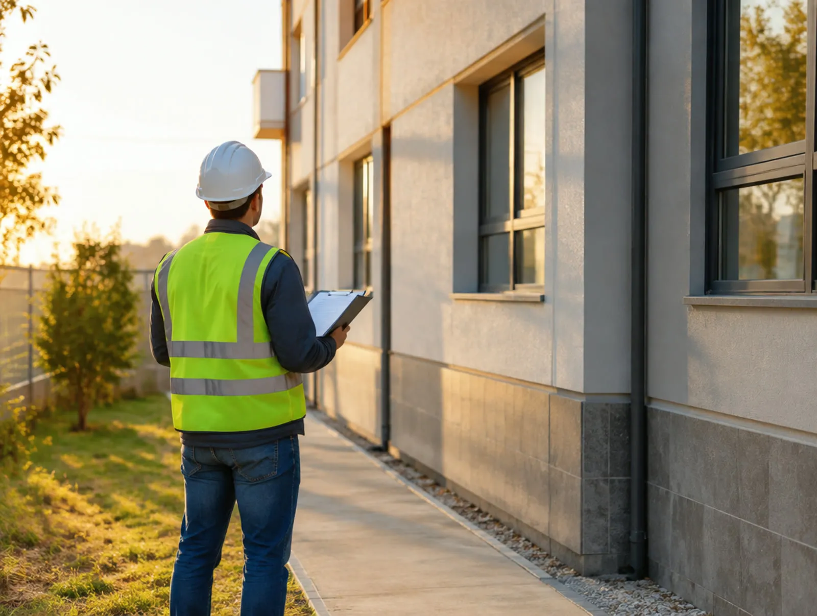 Técnico realizando una inspección junto a un edificio