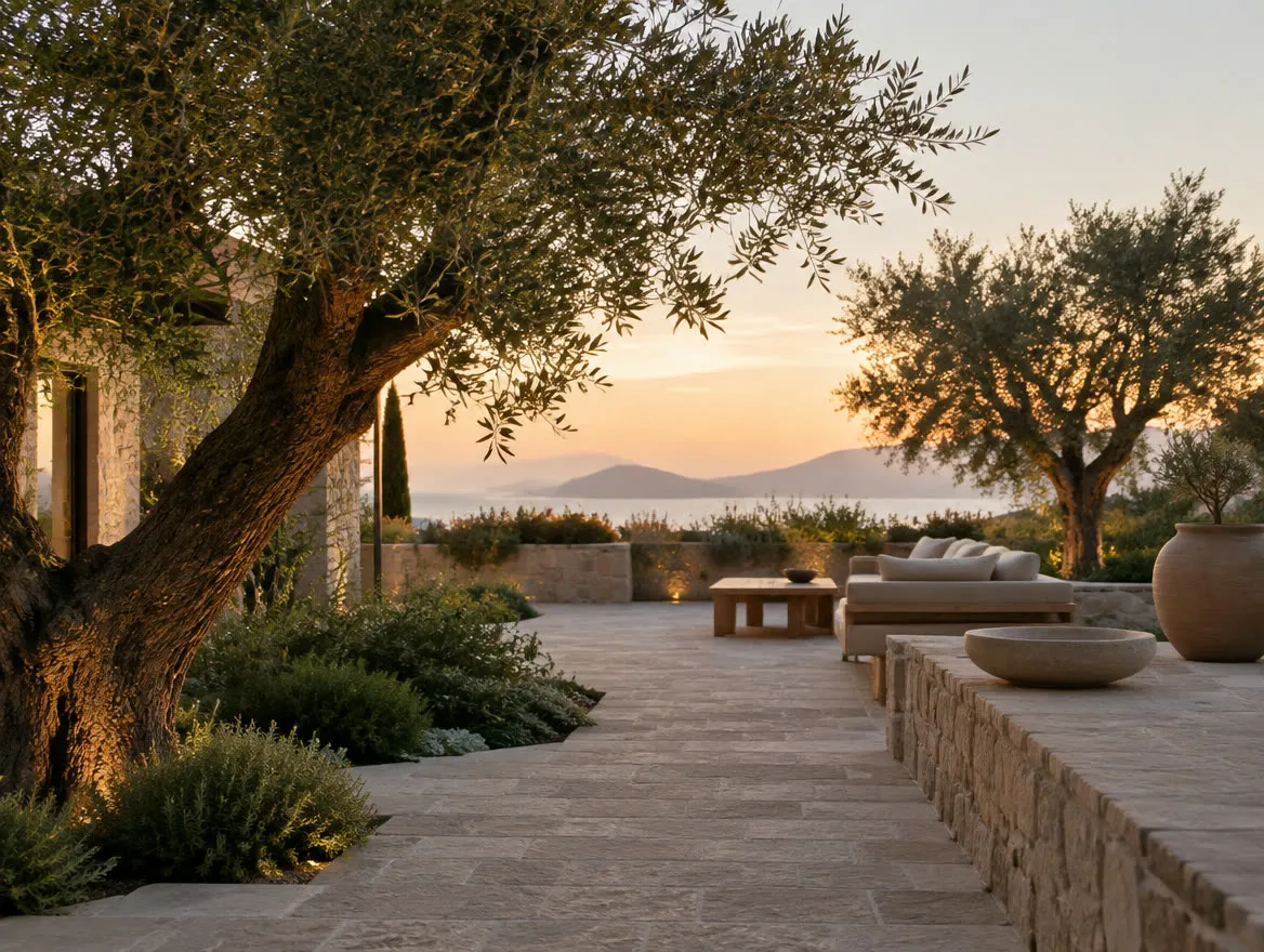 Terraza con olivo y vistas al mar al atardecer — imagen conceptual, no obra ejecutada por JEF Projects